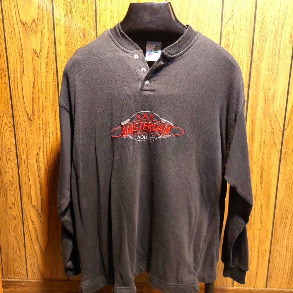 Black Long Sleeve Men's Shirt Amsterdam Holland UFO Large Vintage 90s